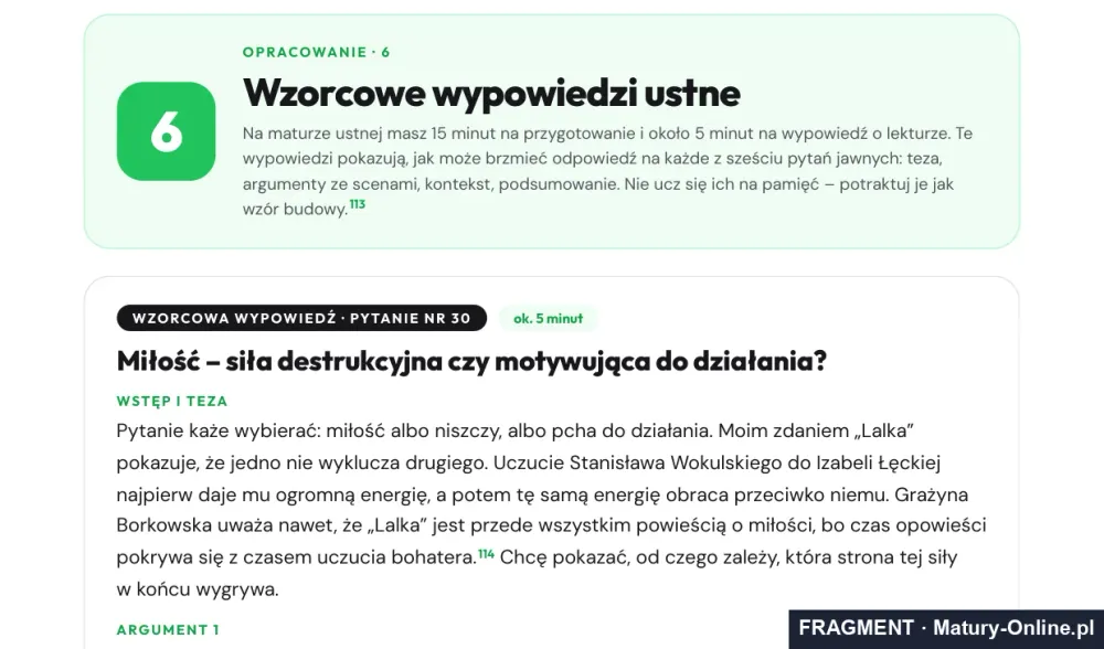 Fragment strony 21 opracowania Lalki: początek wzorcowej wypowiedzi ustnej
