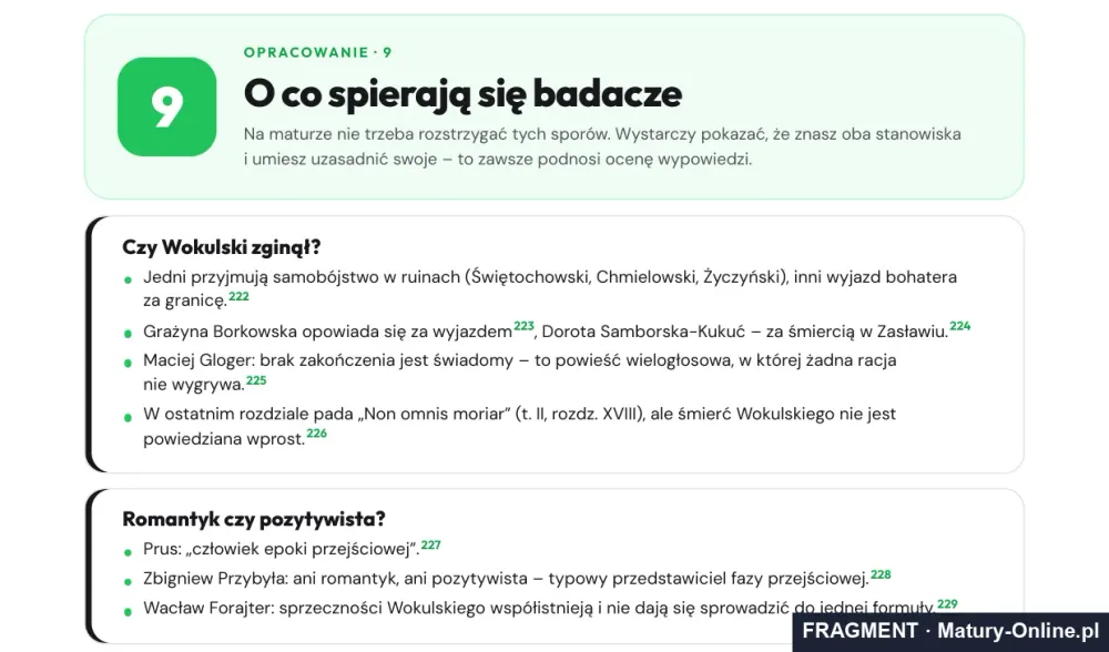 Fragment strony 38 opracowania Lalki: zestawienie stanowisk badaczy z przypisami