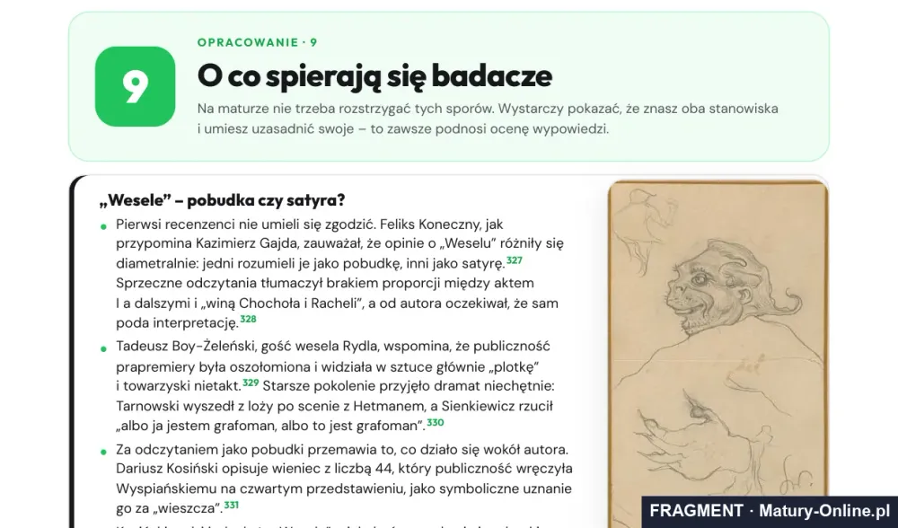 Fragment strony 43 opracowania „Wesele”: o co spierają się badacze