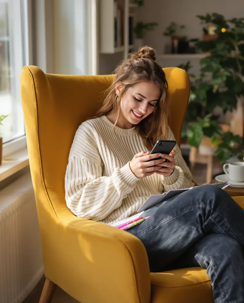 Maturzystka w fotelu rozwiązuje zadania maturalne w aplikacji Matury Online na telefonie