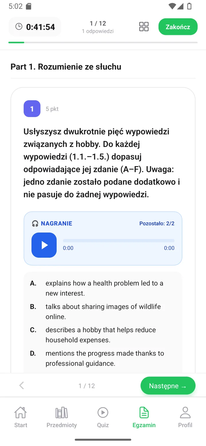 Ekran egzaminu w aplikacji Matury Online — arkusz z angielskiego z timerem i nagraniem