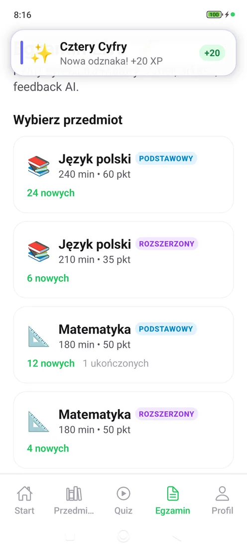 Lista arkuszy maturalnych w aplikacji — przedmioty, poziomy, czas i punktacja