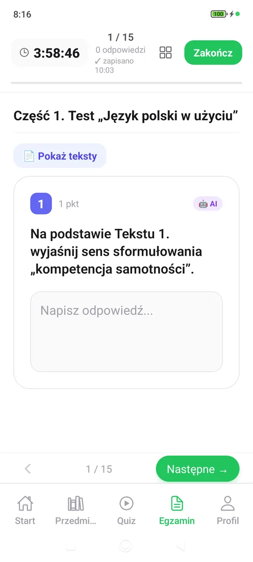 Egzamin Live w aplikacji Matury Online — arkusz maturalny z odliczaniem czasu