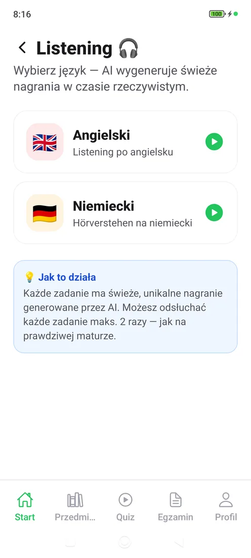 Słuchanie w aplikacji — angielski i niemiecki z nagraniami generowanymi przez AI