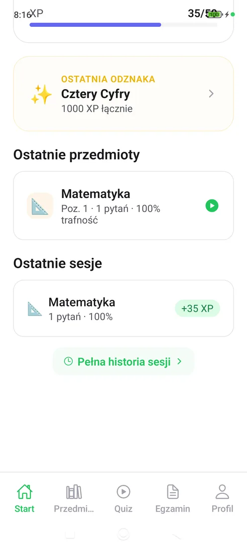 Postępy w aplikacji — poziom, punkty XP, odznaki i historia sesji