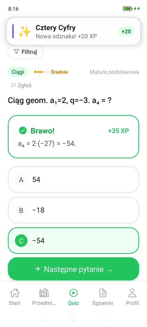 Quiz w aplikacji Matury Online — poprawna odpowiedź z wyjaśnieniem i punktami XP