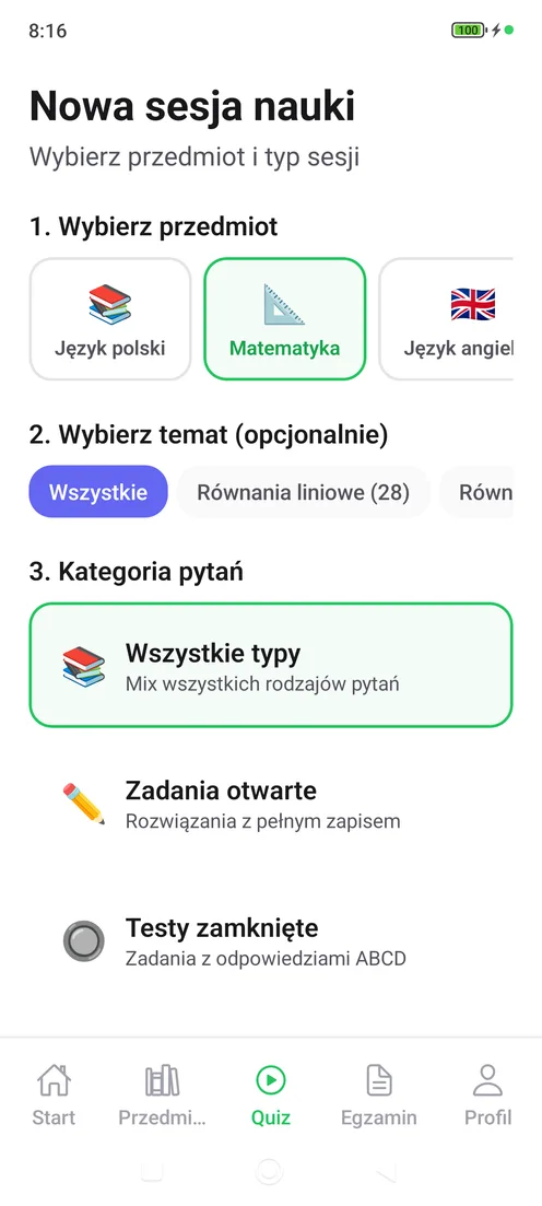 Konfiguracja sesji quizu — wybór przedmiotu, działu, typu zadań i liczby pytań