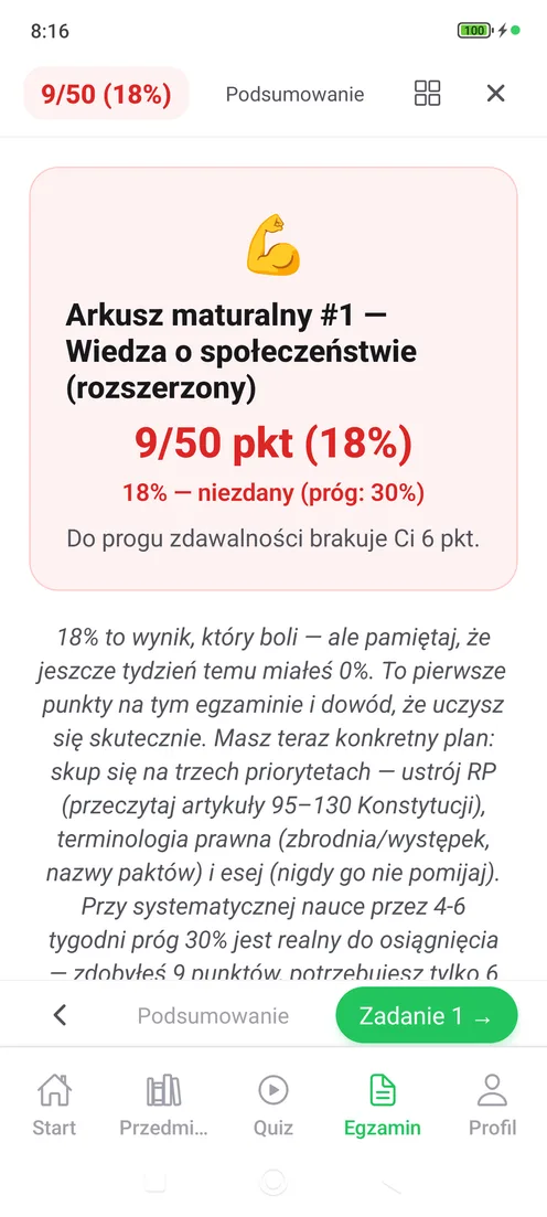Raport AI po arkuszu maturalnym — wynik punktowy, próg zdawalności i dystans do niego