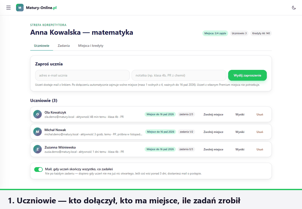 Panel korepetytora w 30 sekund: uczniowie, nowe zadanie, podgląd pytań, wyniki, miejsca