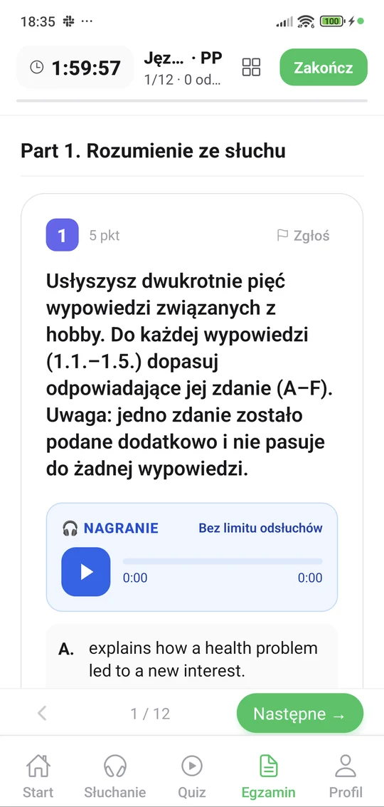 Arkusz z angielskiego w aplikacji Matury Online — timer i zadanie ze słuchania