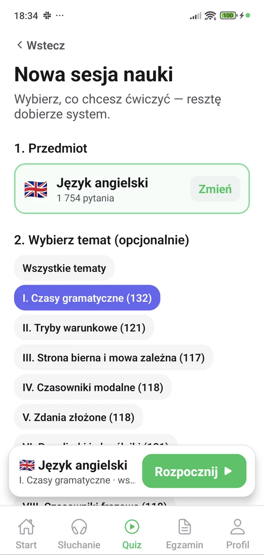 Aplikacja Matury Online — nowa sesja quizu: Język angielski, wybór działu i liczby pytań