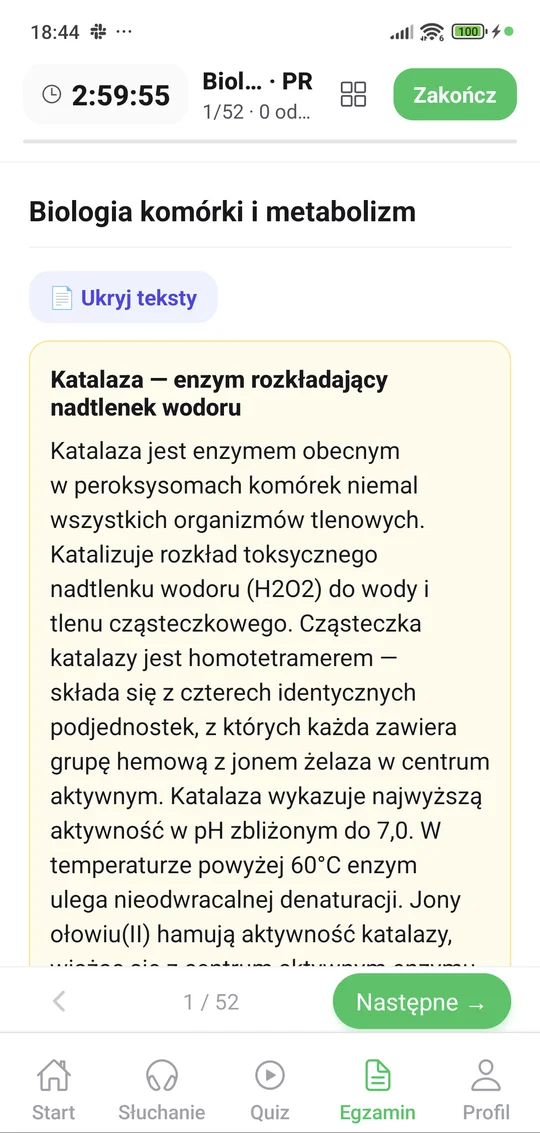 Arkusz z biologii w aplikacji Matury Online — timer i zadanie z materiałem