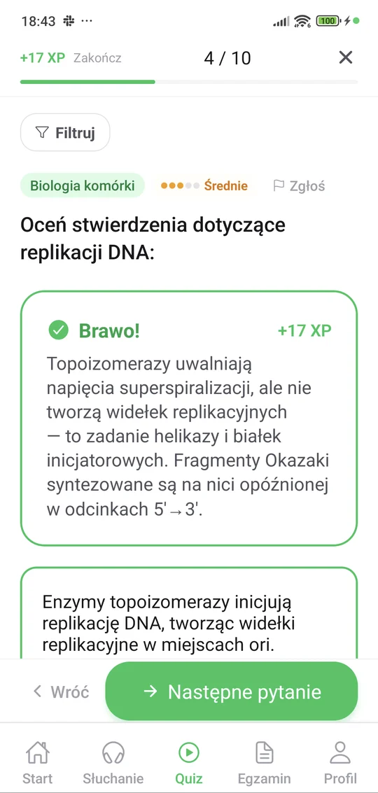 Quiz z biologii w aplikacji Matury Online — pytanie i wyjaśnienie po odpowiedzi