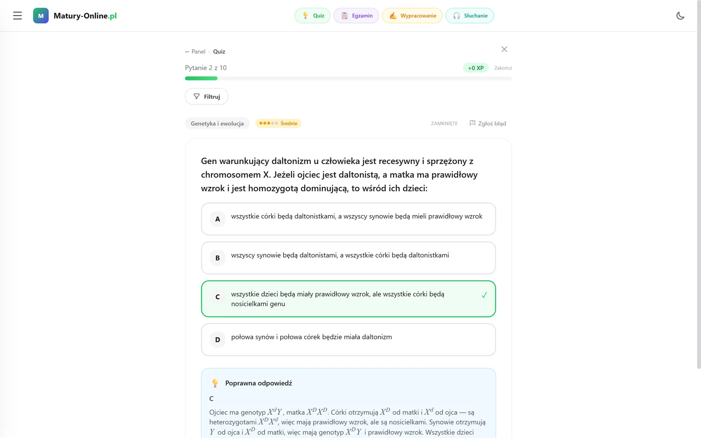 Quiz z biologii w Matury Online — zadanie z genetyki o dziedziczeniu daltonizmu sprzężonego z chromosomem X i wyjaśnienie z genotypami rodziców i dzieci