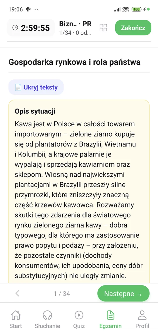 Arkusz maturalny z biznesu i zarządzania w aplikacji Matury Online na telefonie