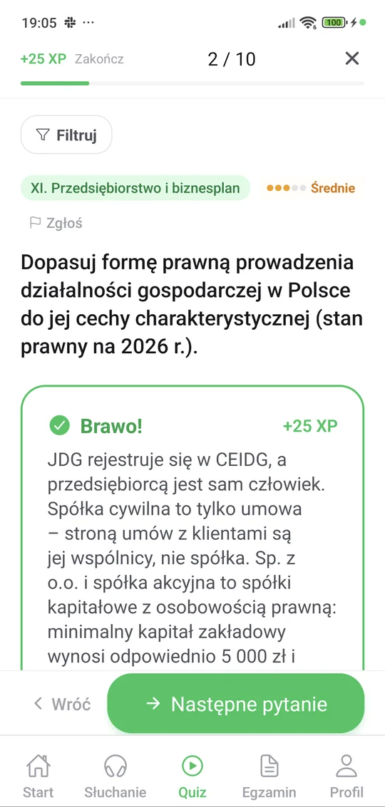 Quiz w aplikacji Matury Online — Biznes i zarządzanie: pytanie i wyjaśnienie po odpowiedzi