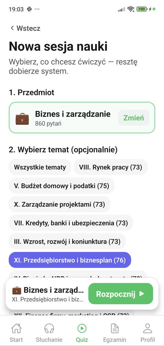 Aplikacja Matury Online: nowa sesja z biznesu i zarządzania z wyborem działu
