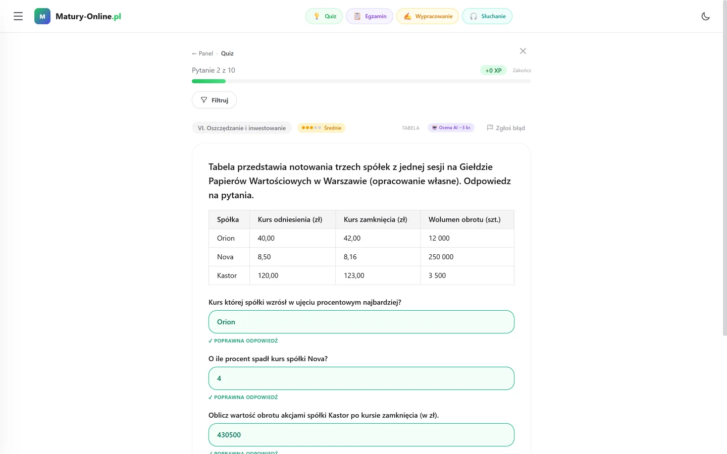 Quiz z biznesu i zarządzania w Matury Online — tabela notowań trzech spółek na GPW i obliczenia: zmiana kursu w procentach, wartość obrotu, z oceną odpowiedzi