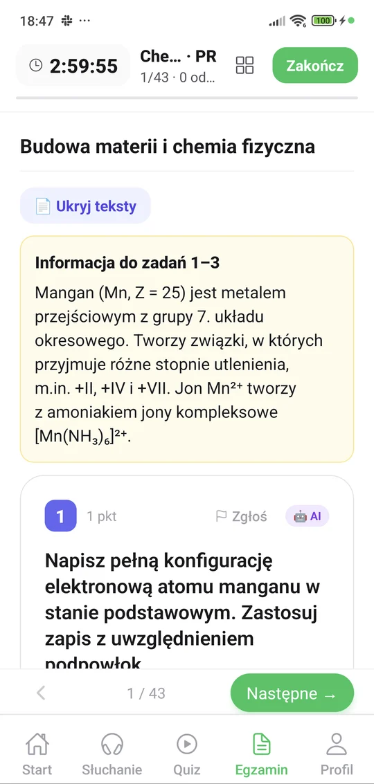 Arkusz maturalny z chemii w Egzaminie Live — widok na telefonie