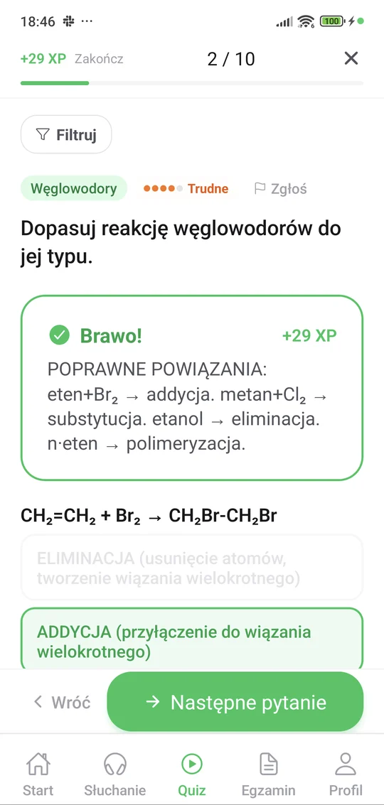 Quiz z chemii w aplikacji Matury Online — pytanie i wyjaśnienie po odpowiedzi