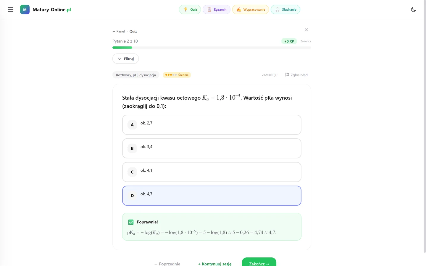 Quiz z chemii w Matury Online — zadanie z roztworów (pKa kwasu octowego), odpowiedź poprawna i wyjaśnienie z obliczeniem