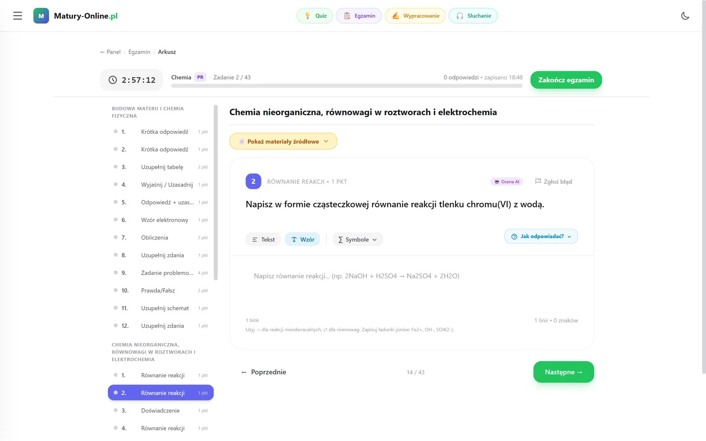 Zadanie „Równanie reakcji” z chemii w Matury Online — tlenek chromu(VI) z wodą, oznaczenie Ocena AI, edytor wzorów i wskazówka o strzałkach i ładunkach jonów