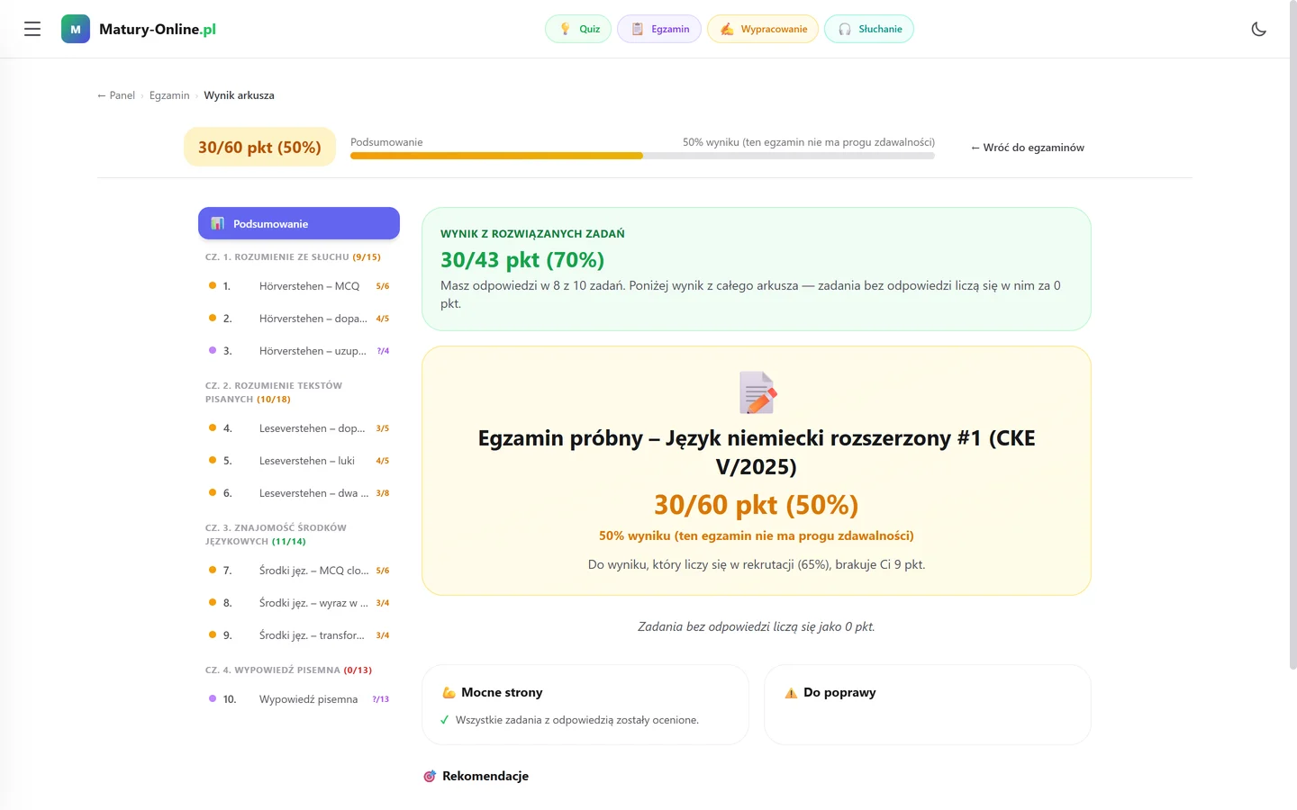 Wynik arkusza CKE z niemieckiego PR (maj 2025) w Egzaminie Live — punkty za każde zadanie i część egzaminu