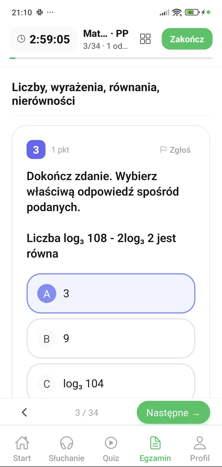 Arkusz maturalny z matematyki w aplikacji na telefon — timer i zadanie zamknięte