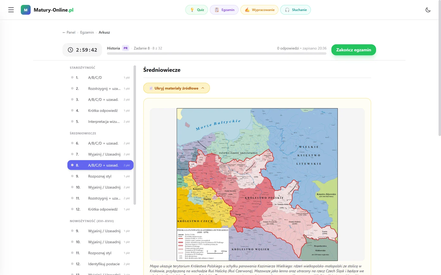 Arkusz z historii w Egzaminie Live — zegar, lista zadań w pięciu epokach i mapa Królestwa Polskiego za Kazimierza Wielkiego jako materiał źródłowy