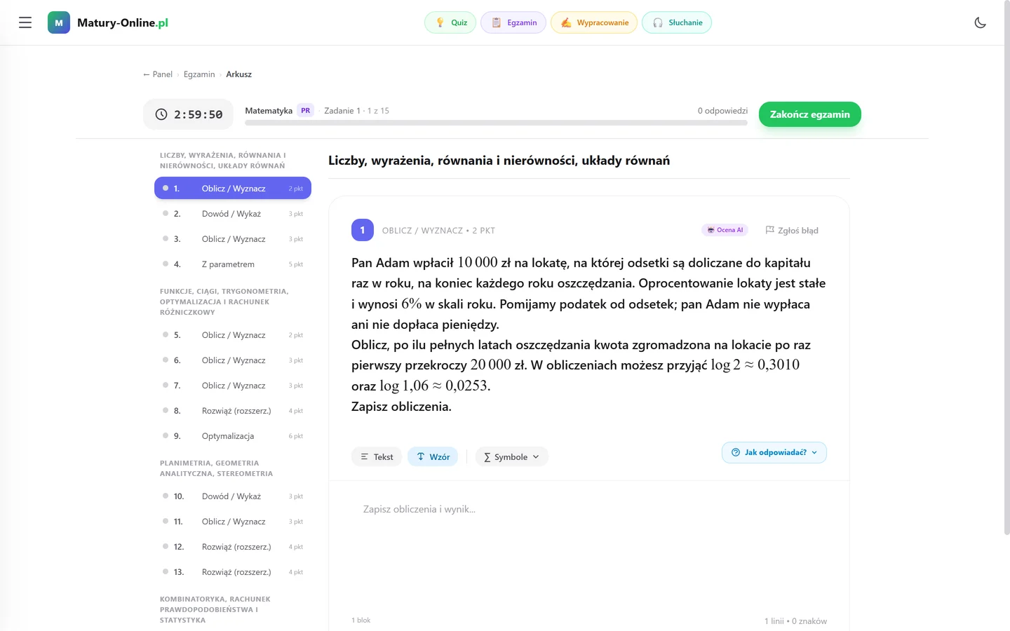 Arkusz maturalny z matematyki PR w Egzaminie Live — zegar 3 godz., lista 15 zadań otwartych w obszarach i zadanie o lokacie z logarytmami