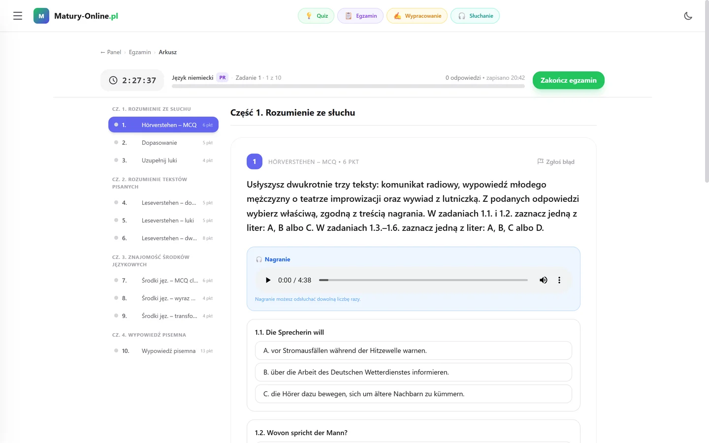 Próbny arkusz maturalny z niemieckiego PR w Egzaminie Live — timer, 10 zadań w 4 częściach i nagranie do zadania 1