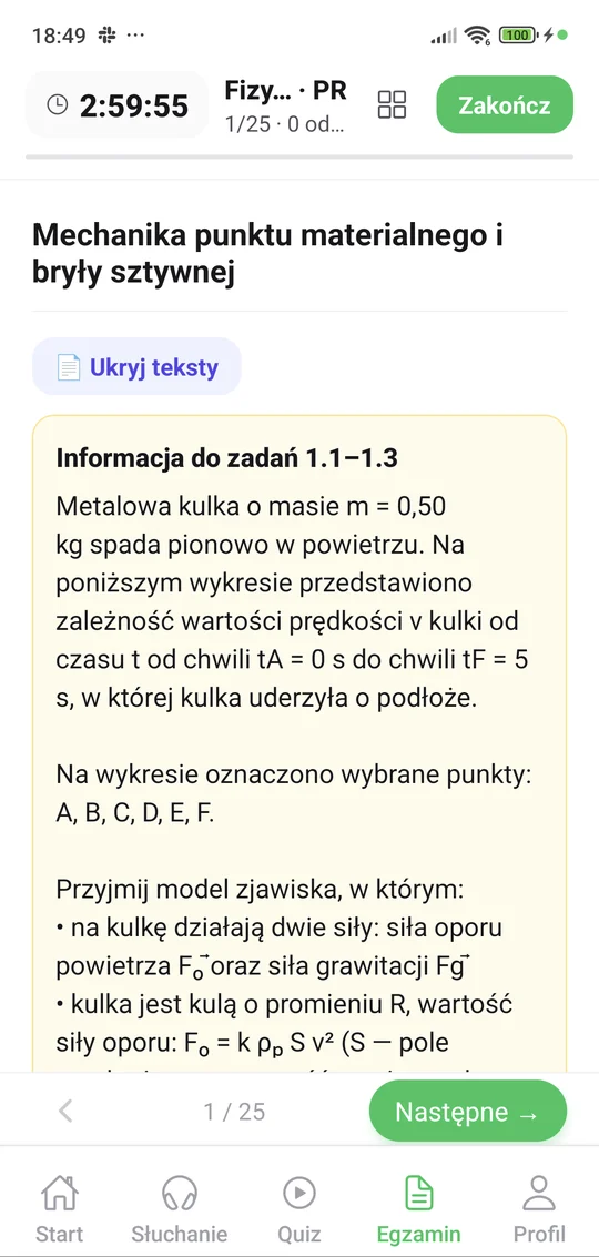 Arkusz z fizyki w aplikacji Matury Online — timer i zadanie