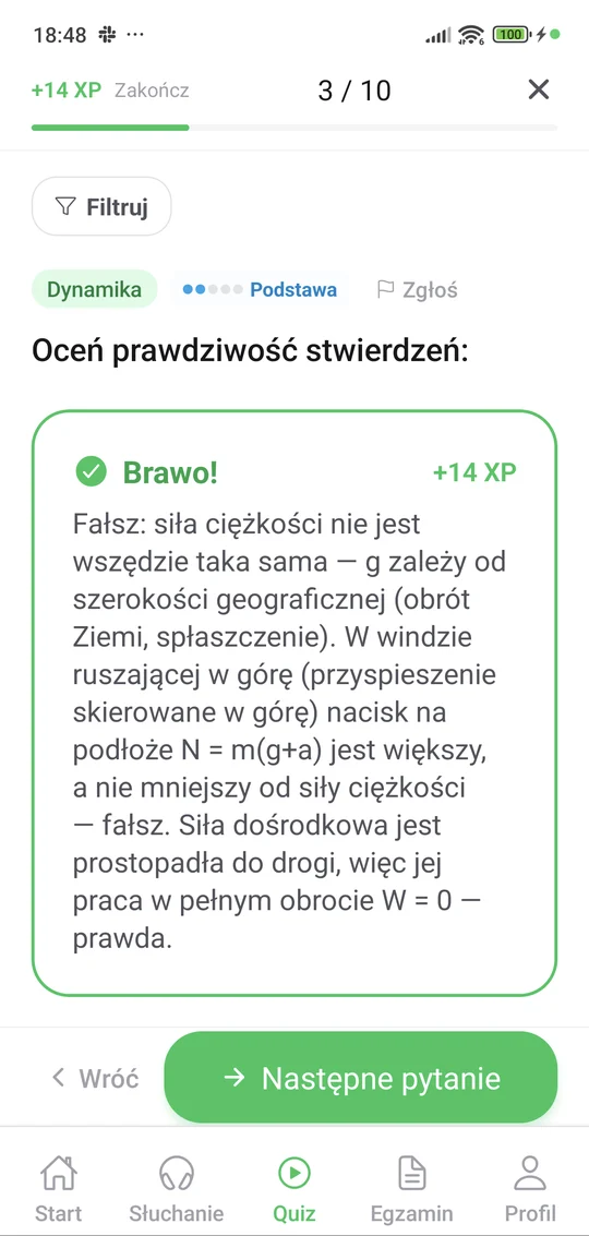 Quiz z fizyki w aplikacji Matury Online — pytanie i wyjaśnienie po odpowiedzi