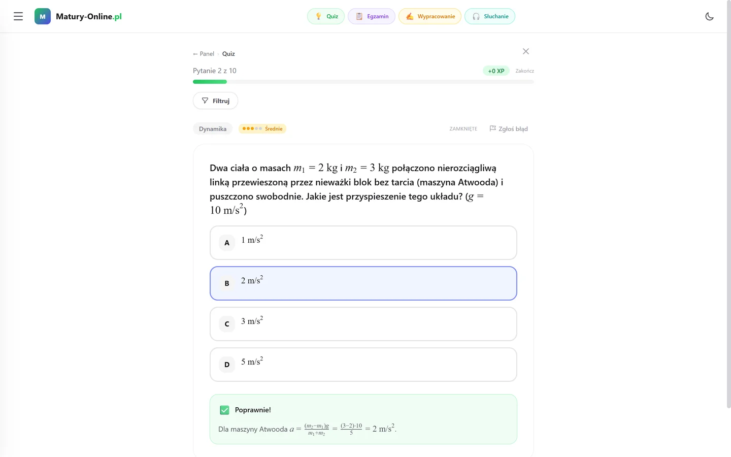 Quiz z fizyki w Matury Online — zadanie z dynamiki (maszyna Atwooda), odpowiedź poprawna i wyjaśnienie ze wzorem