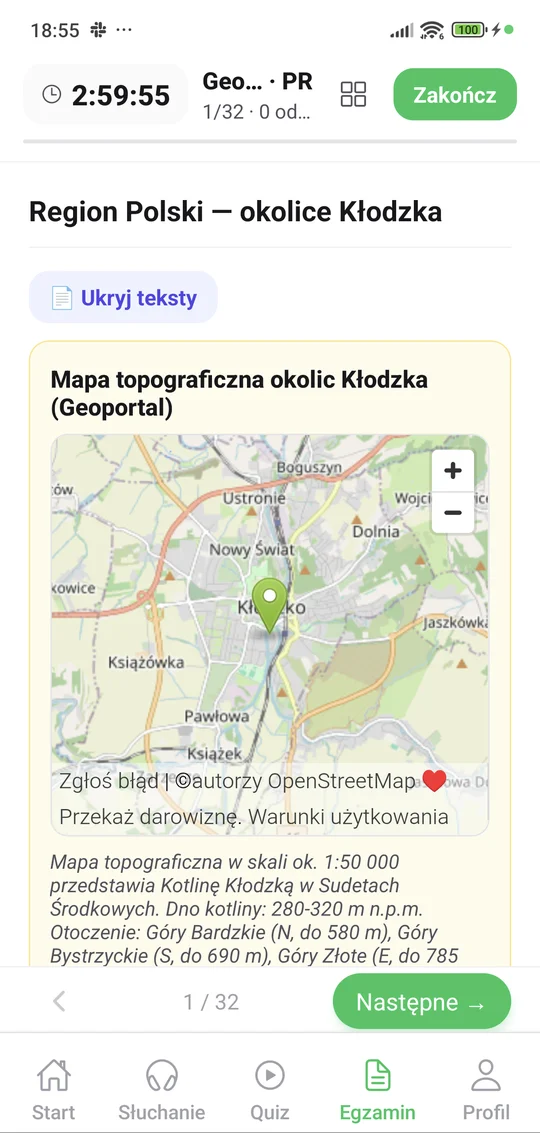 Arkusz maturalny z geografii w Egzaminie Live — widok na telefonie