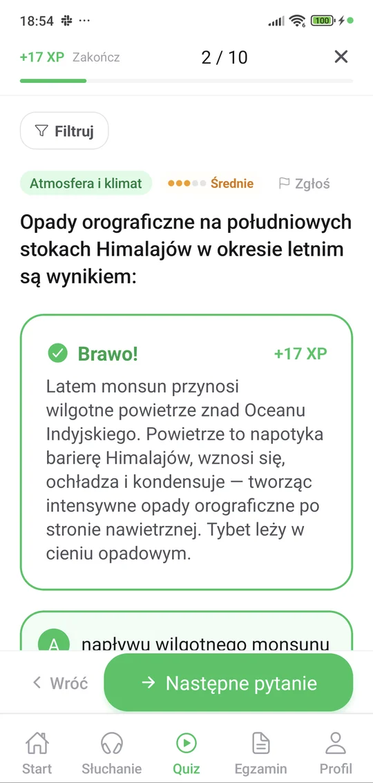 Quiz w aplikacji Matury Online — Geografia: pytanie i wyjaśnienie po odpowiedzi