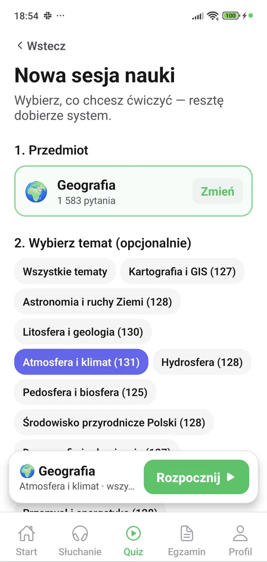 Aplikacja Matury Online — nowa sesja quizu: Geografia, wybór działu i liczby pytań