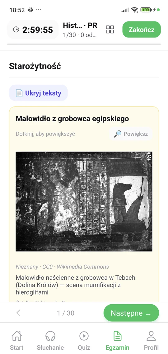 Arkusz maturalny z historii w aplikacji Matury Online na telefonie