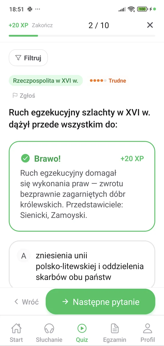 Quiz w aplikacji Matury Online — Historia: pytanie i wyjaśnienie po odpowiedzi