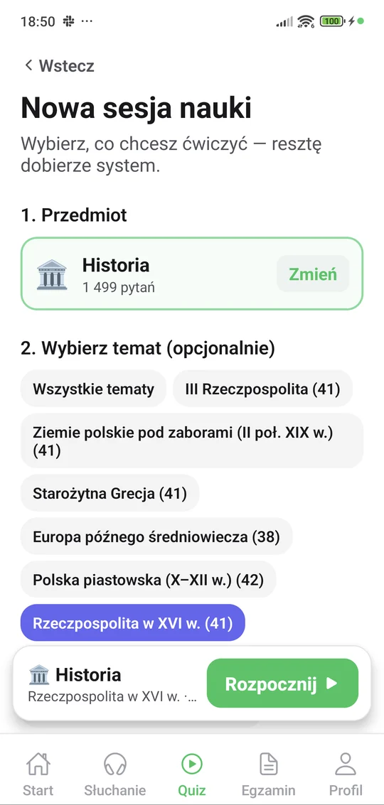 Aplikacja Matury Online — nowa sesja quizu: Historia, wybór działu i liczby pytań