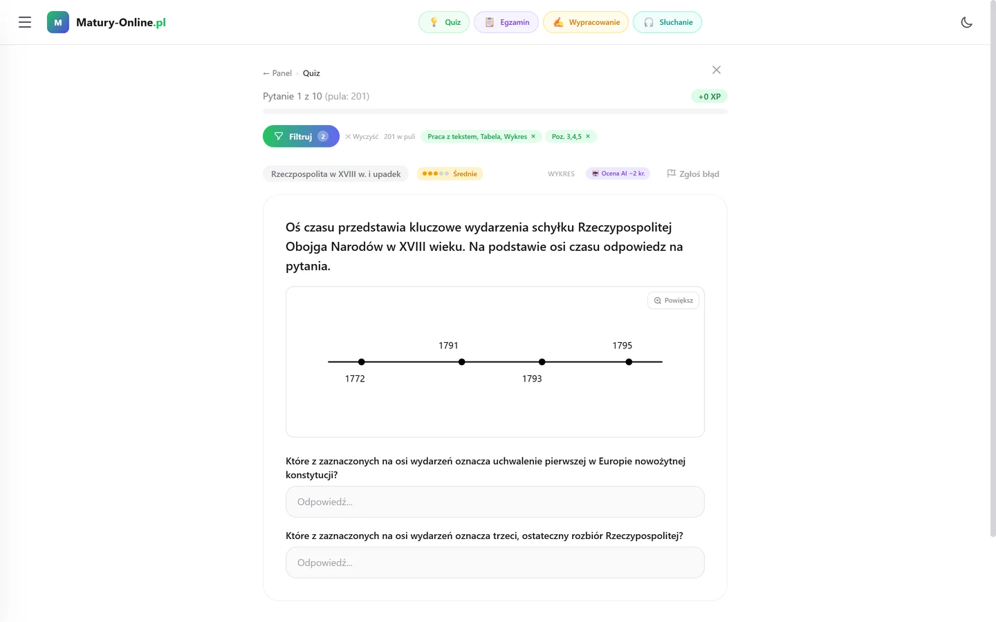 Quiz z historii w Matury Online: wybór działu i pytanie z wyjaśnieniem