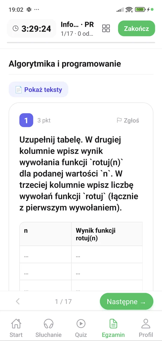 Arkusz z informatyki w aplikacji Matury Online — timer i zadanie