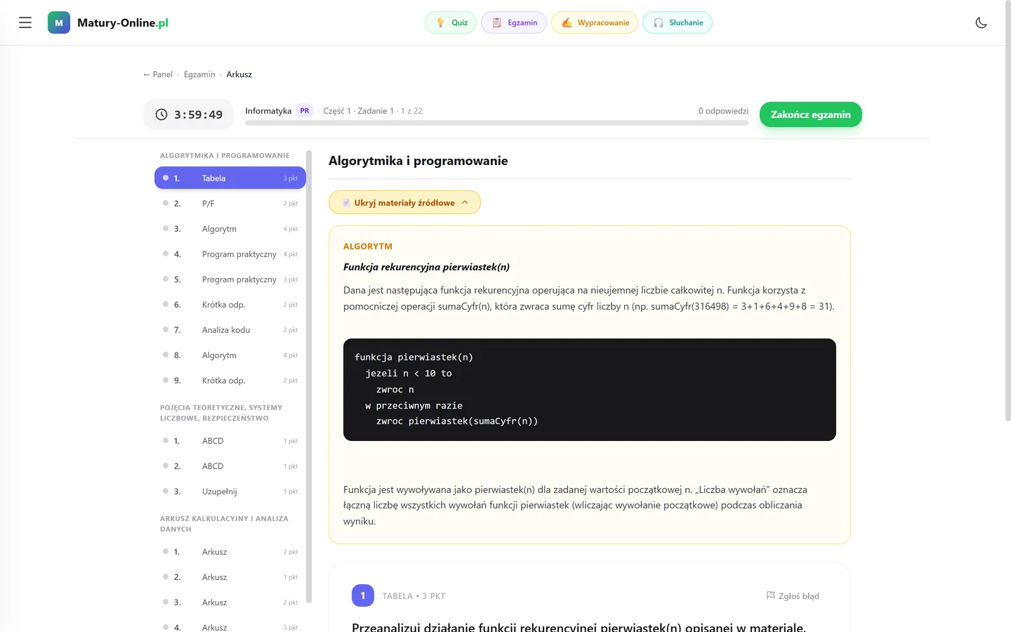 Próbny arkusz maturalny z informatyki PR w Matury Online — timer, zadania w obszarach i materiał z pseudokodem funkcji rekurencyjnej