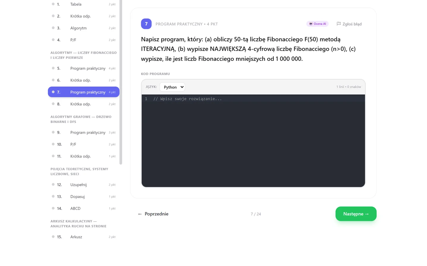 Zadanie „Program praktyczny” z informatyki — polecenie o liczbach Fibonacciego i edytor kodu z wyborem języka Python