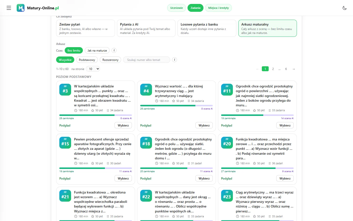 Formularz Nowe zadanie: cztery rodzaje zadania (zestaw pytań, pytania z AI, losowe pytania z banku, arkusz maturalny), wybór czasu „Bez limitu” albo „Jak na maturze” i katalog arkuszy z numerem, tematem, czasem, punktami i liczbą zadań
