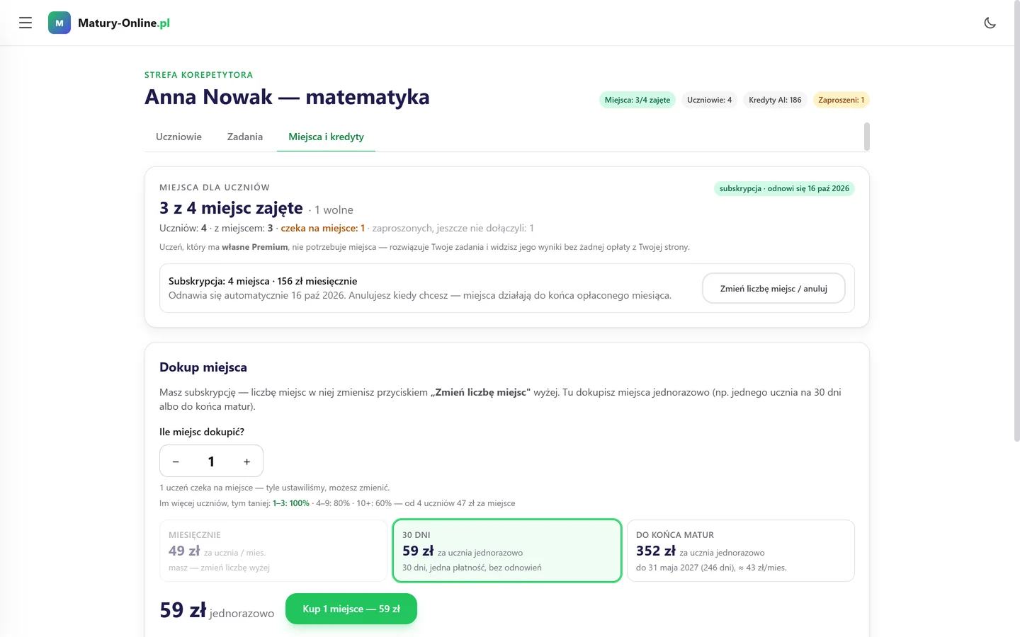 Zakładka Miejsca i kredyty: 3 z 4 miejsc zajęte, subskrypcja miesięczna, dokupienie miejsc jednorazowo na 30 dni albo do końca matur, progi cenowe