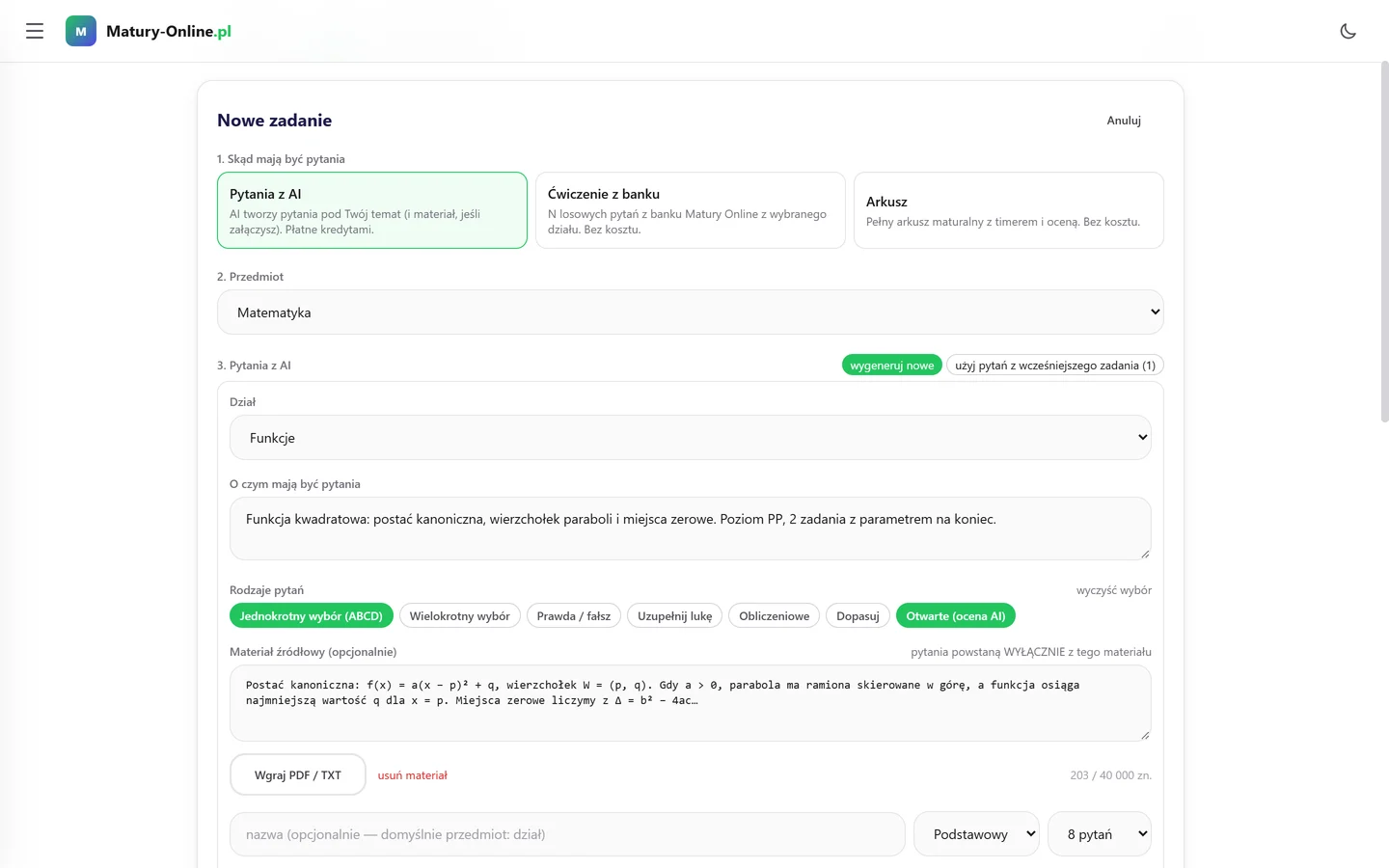 Formularz „Nowe zadanie” w Strefie korepetytora: pytania z AI, przedmiot, dział, opis tematu, rodzaje pytań i materiał źródłowy (przykład z matematyki)