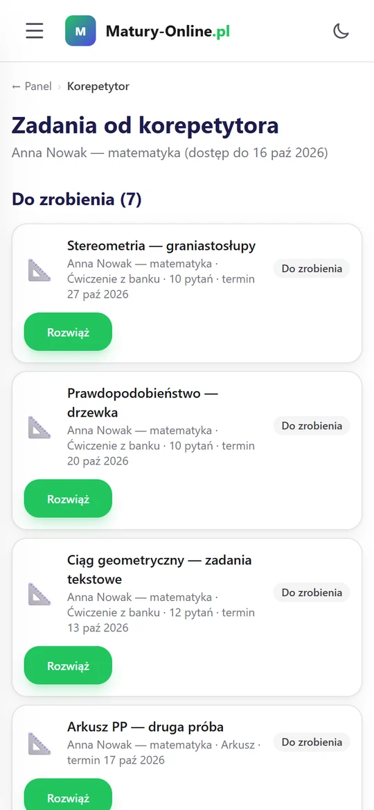 Telefon ucznia — lista „Zadania od korepetytora” z terminami i przyciskiem Rozwiąż