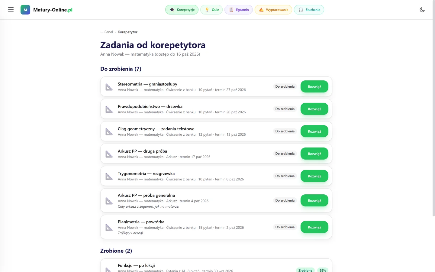 Konto ucznia: Zadania od korepetytora — lista do zrobienia z terminami i przyciskiem Rozwiąż