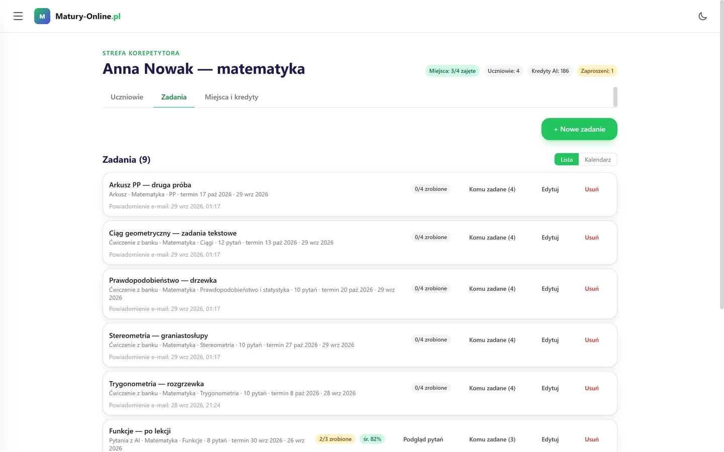 Strefa korepetytora — lista zadań z terminami i wynikami uczniów (konto demo, przykład z matematyki); tak samo zadajesz pracę z matematyki